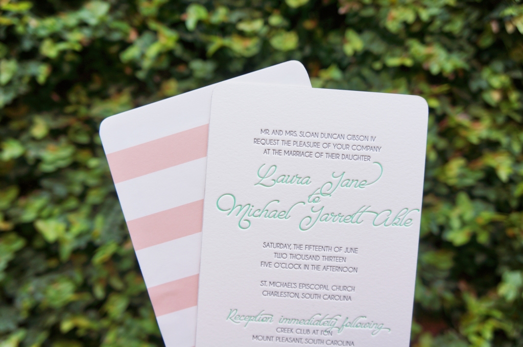 mint and peach letterpress invitation