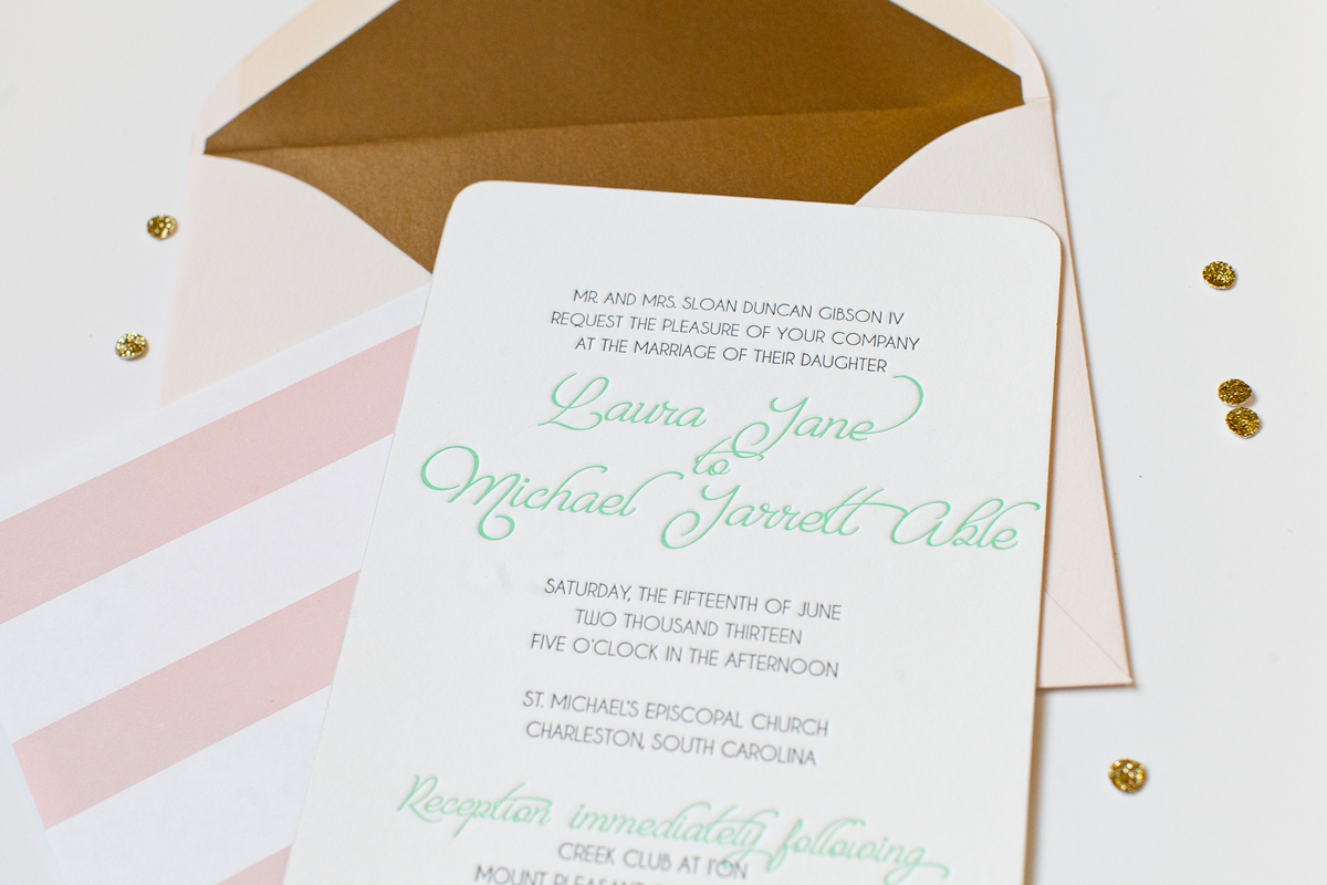 mint peach letterpress invitation