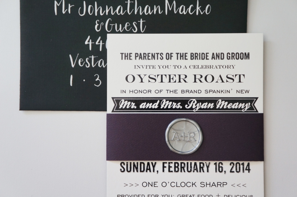 destination wedding invite: modern black and purple