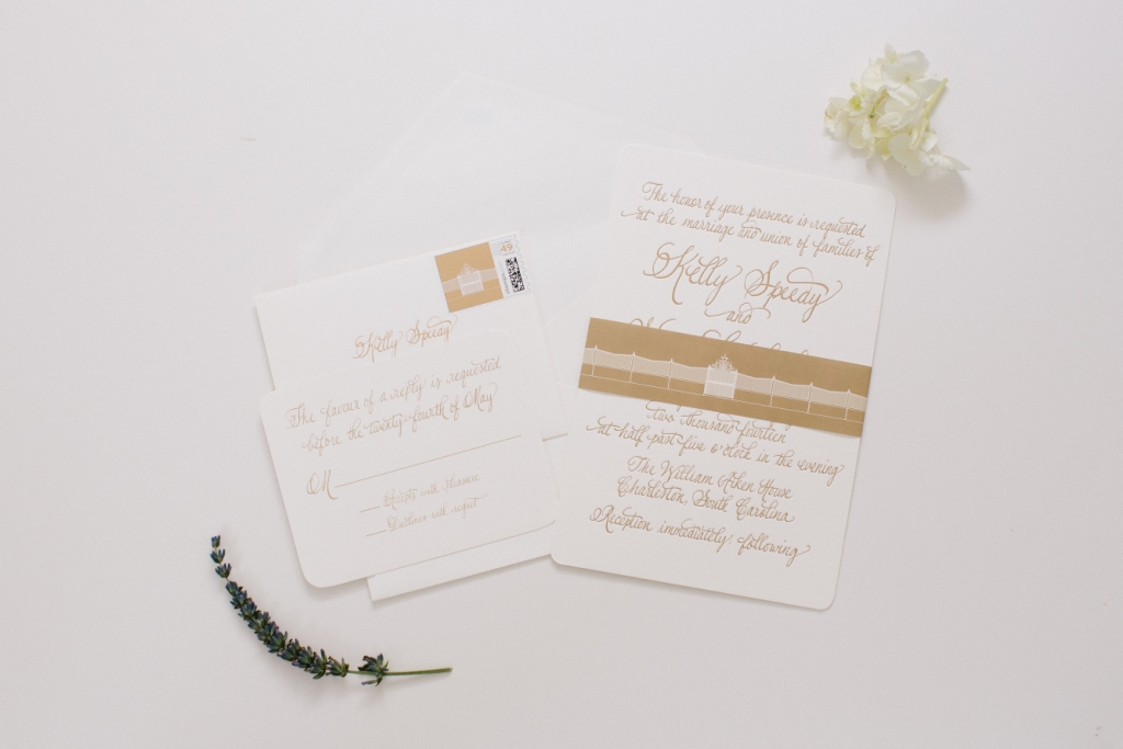 gold calligraphy invitation for william aiken wedding