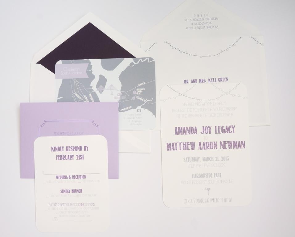 purple string lights wedding invitation