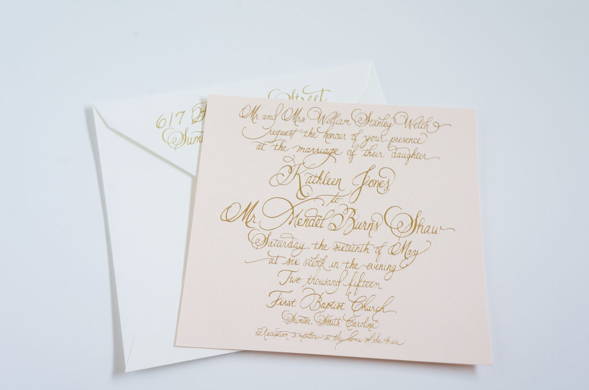 blush and gold foil invitation