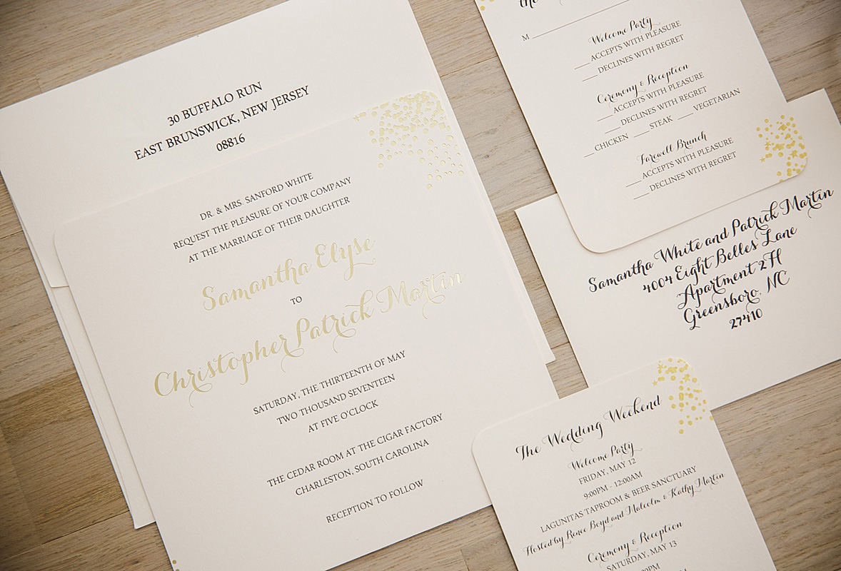 gold confetti wedding invitation