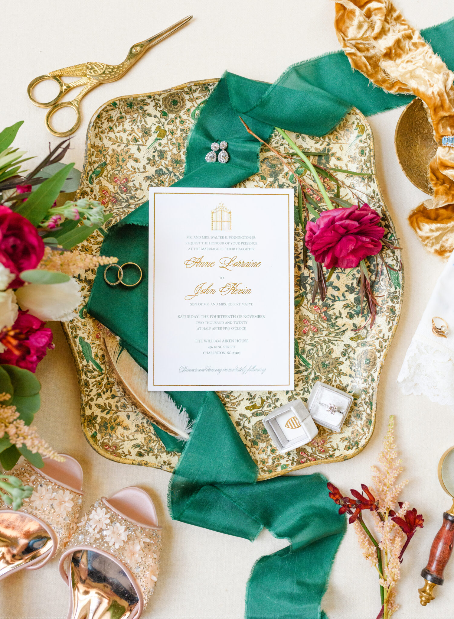 gold foil and green william aiken house invitation