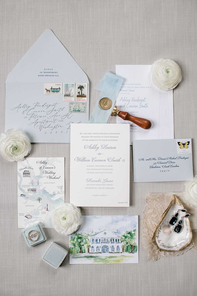 lowndes grove invitation in dusty blue