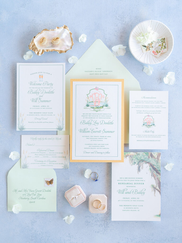 watercolor crest wedding invitation