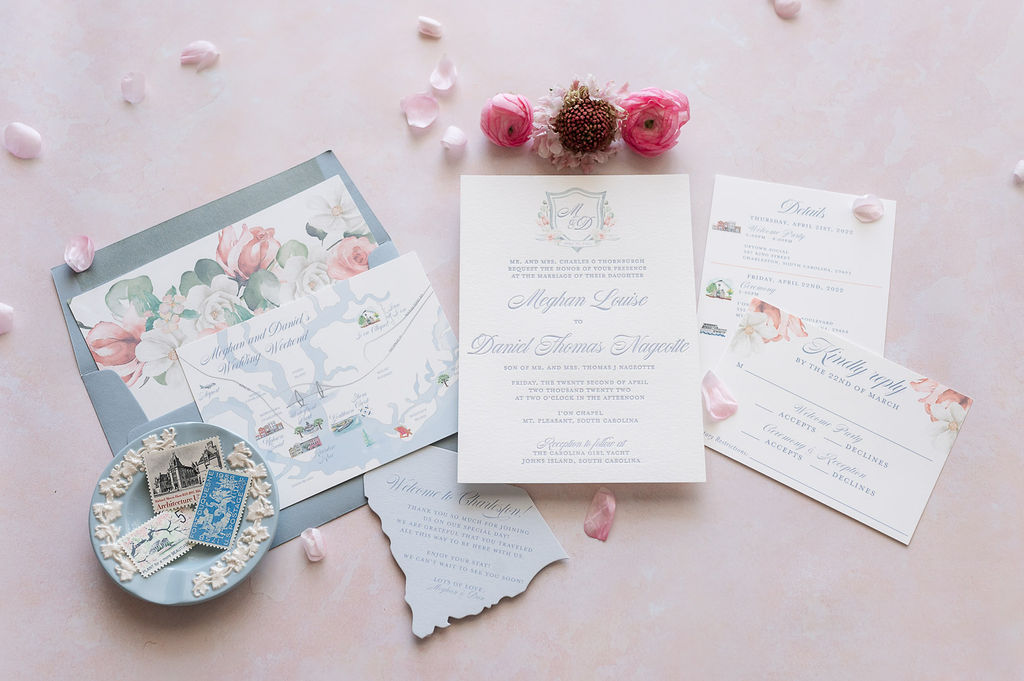 dusty blue and pink wedding invitation